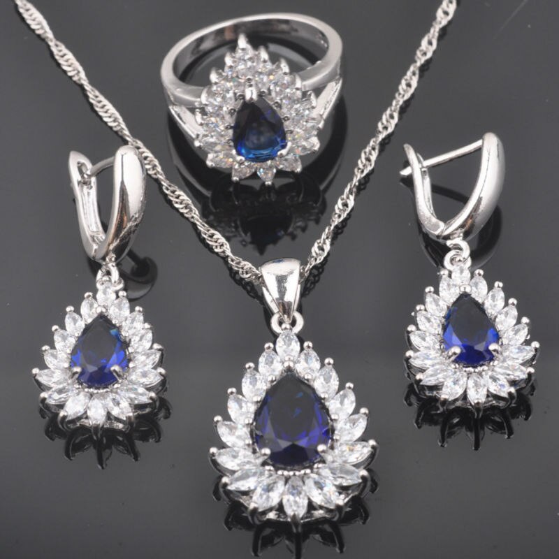 Ensembles de bijoux en forme de goutte d'eau couleur argent pour femmes ensemble de boucles d'oreilles et collier en zircone bleu QZ0394