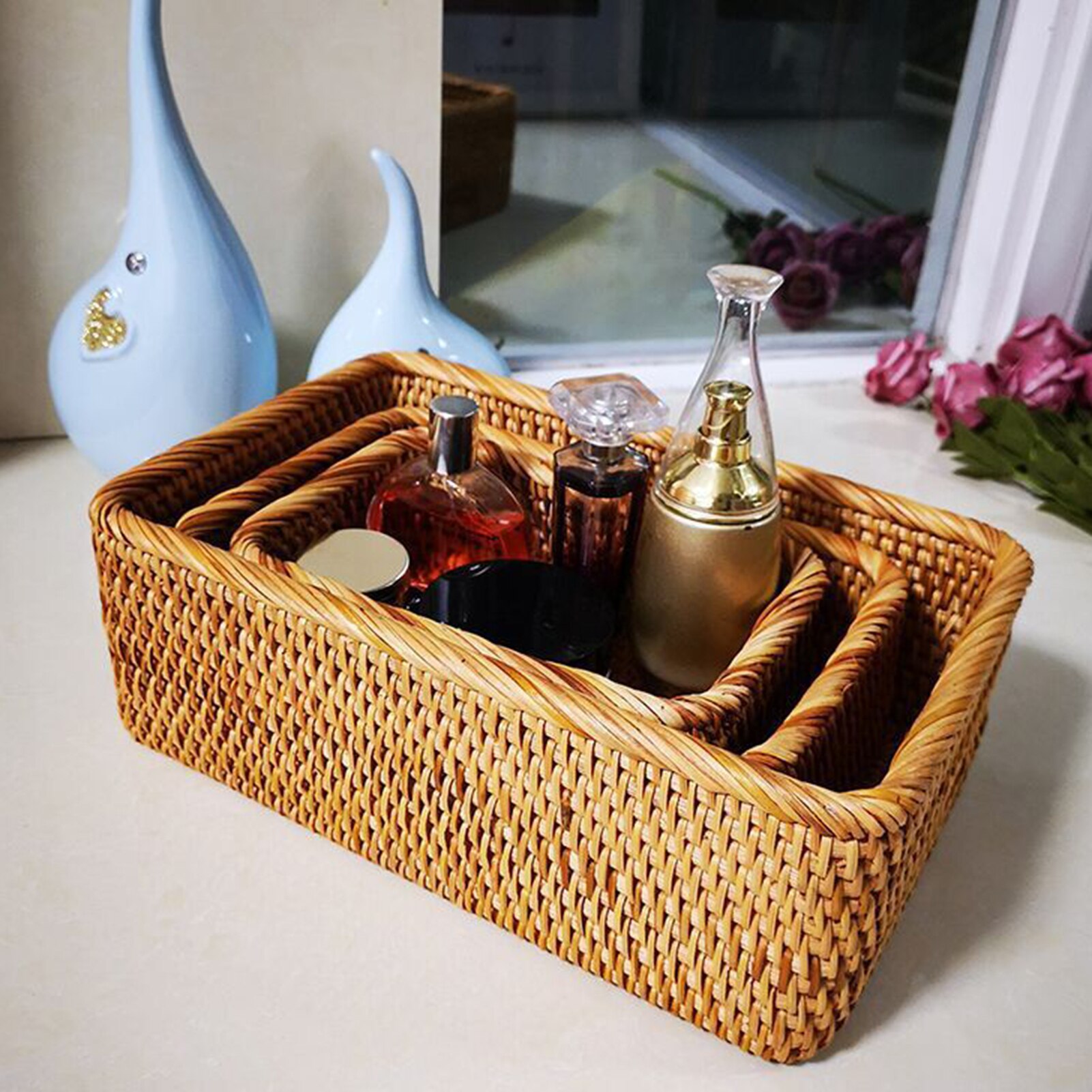 Panier de rangement en osier panier de rangement de bijoux rotin empilable articles divers clé magasine-cosmétiques organisateur boîte de rangement conteneur