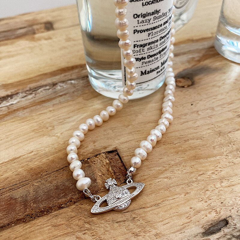 Luksus kunstige perlekæde til kvinder krystal saturner perle vedhæng halskæde kvindelige bryllup brude halskæder armbånd