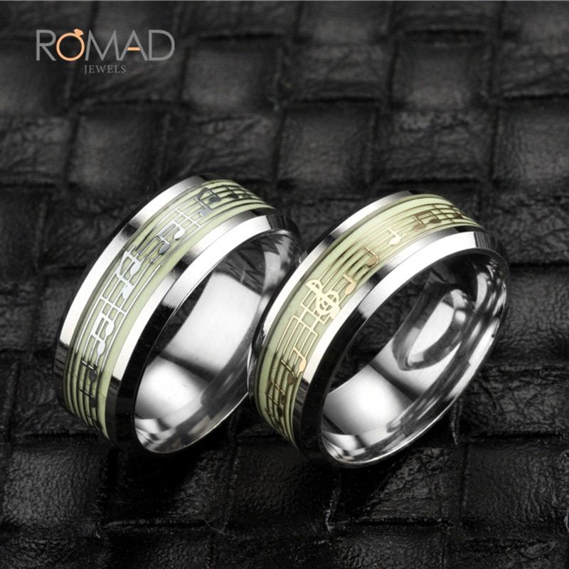 316 titane acier inoxydable anneau couleur argent musique Note de musique lueur dans le noir anneaux pour hommes femmes Cool bijoux