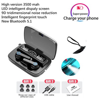 Écouteurs sans fil TWS Bluetooth 5.1, oreillettes étanches avec Microphone, avec boîte de charge 3500mAh, stéréo 9D, pour le sport: M19 Pro