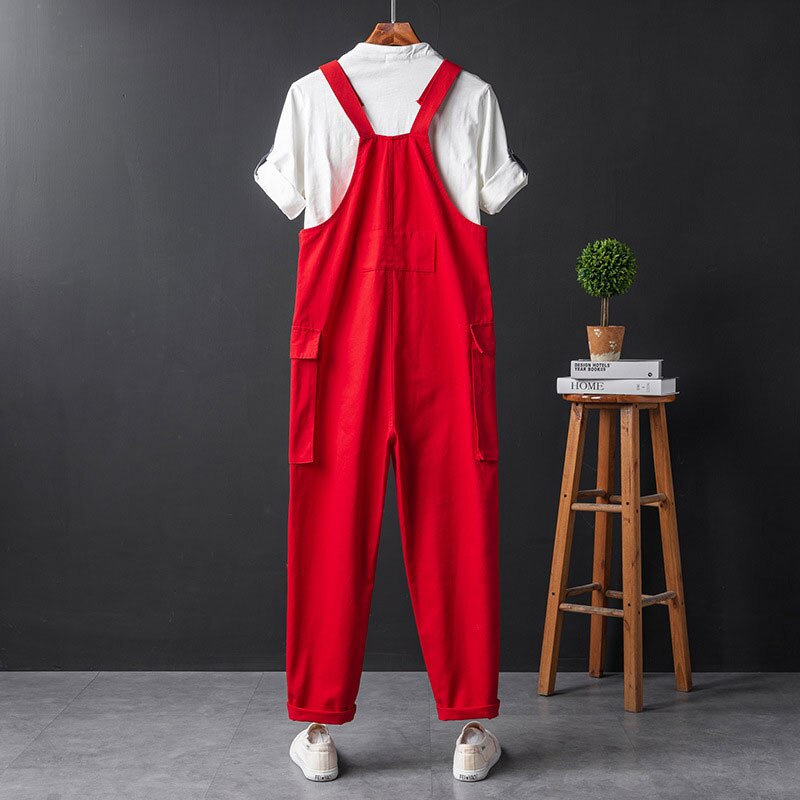 Mono con pechera para hombre, pantalones Cargo rojos, holgados, rectos, con bolsillos grandes, ropa de calle Hip Hop, pantalones informales
