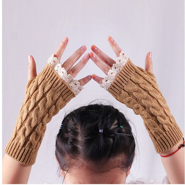 Manchons en laine pour femmes, protège-poignets allongés en dentelle, couleur unie, tricot , gants chauffe-bras, demi-doigt, hiver: camel