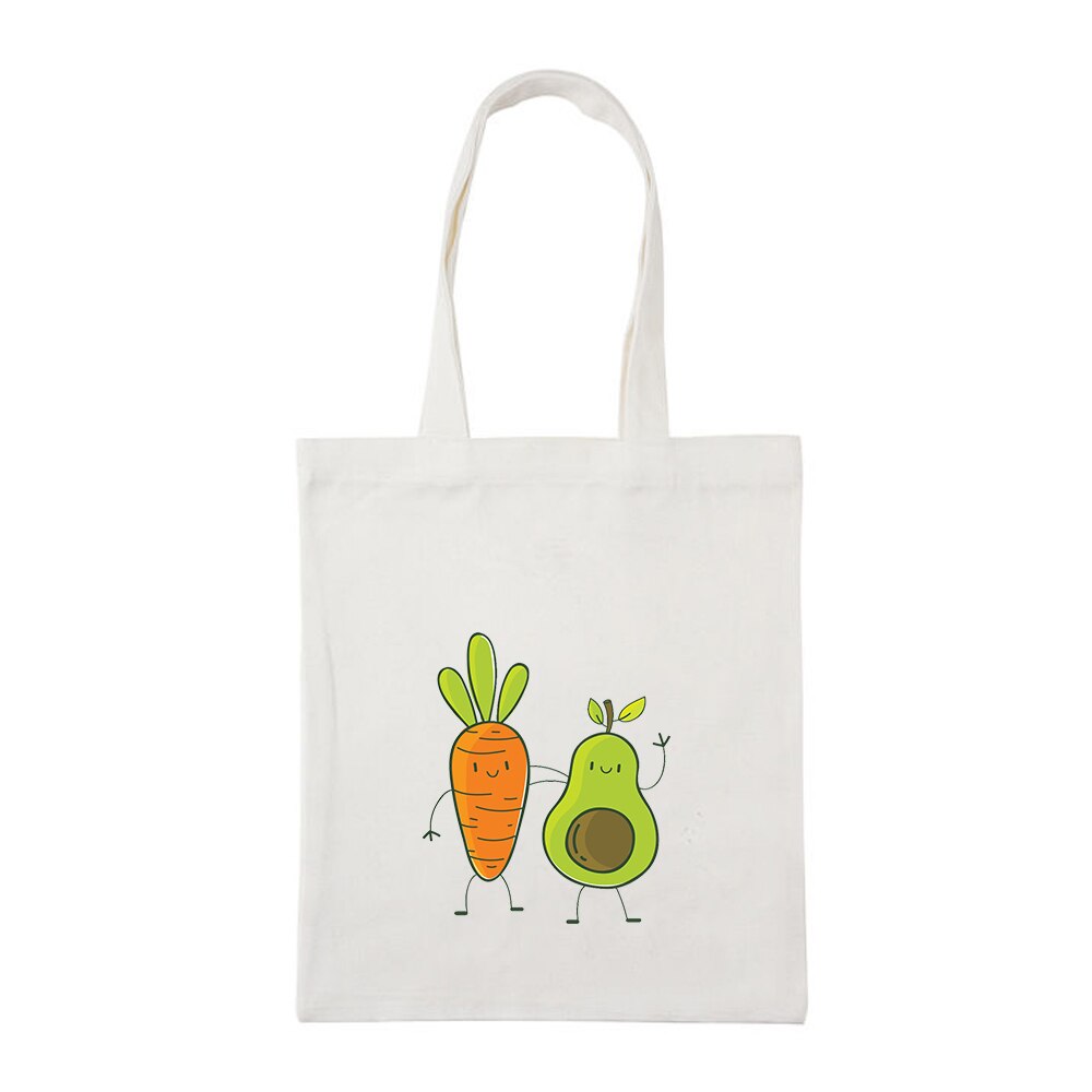 Cute Couple Avocado Print Large Capacity Canvas Tote Bag Cotton Cloth Reusable Shopping Bag Women Beach Handbags Shopping Bags: A202WHITE