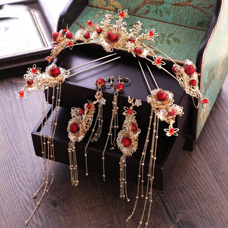 Bruid Chinese stijl rode hoofddeksels oorbellen oude kwastje kroon bruiloft haar accessoires