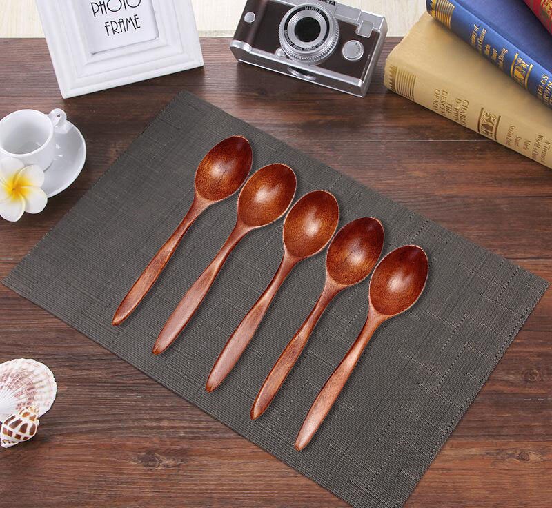 5PCS multi-function Japanese wooden spoon bamboo cookware tableware spoon teaspoon cutlery small curved spoon 18cm