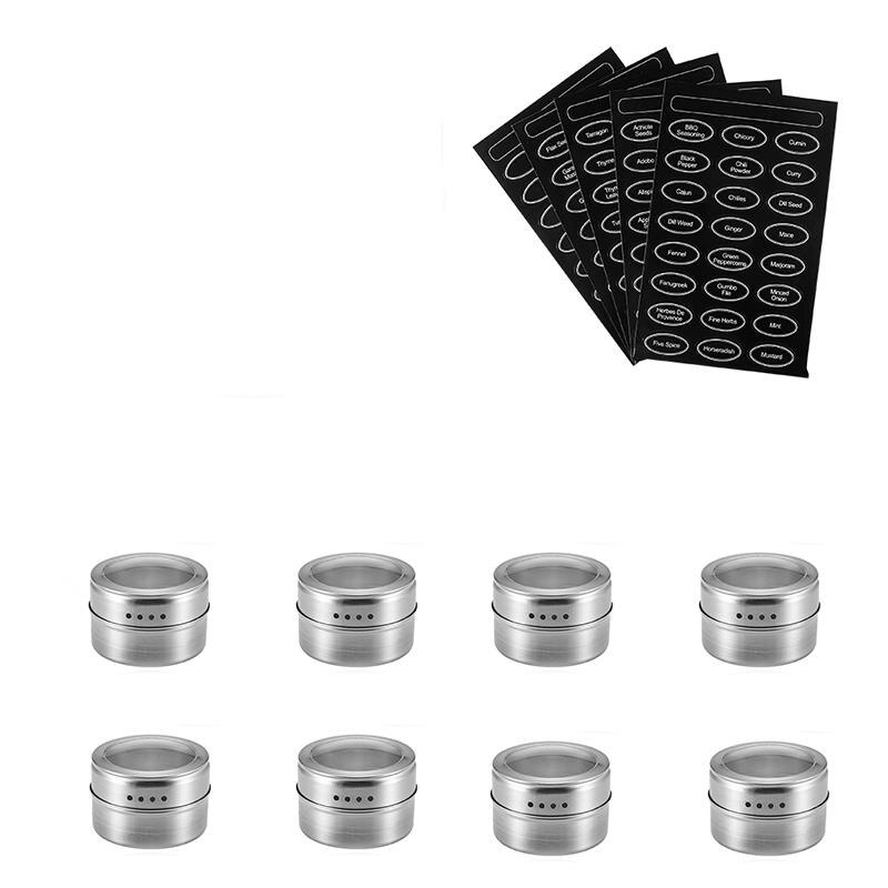 Magnetische Kruidkruik Set Met Sticker Rvs Spice Blikken Spice Opslag Container Pot Keuken Kruiderij Houder Keuken Tool: 8 pcs