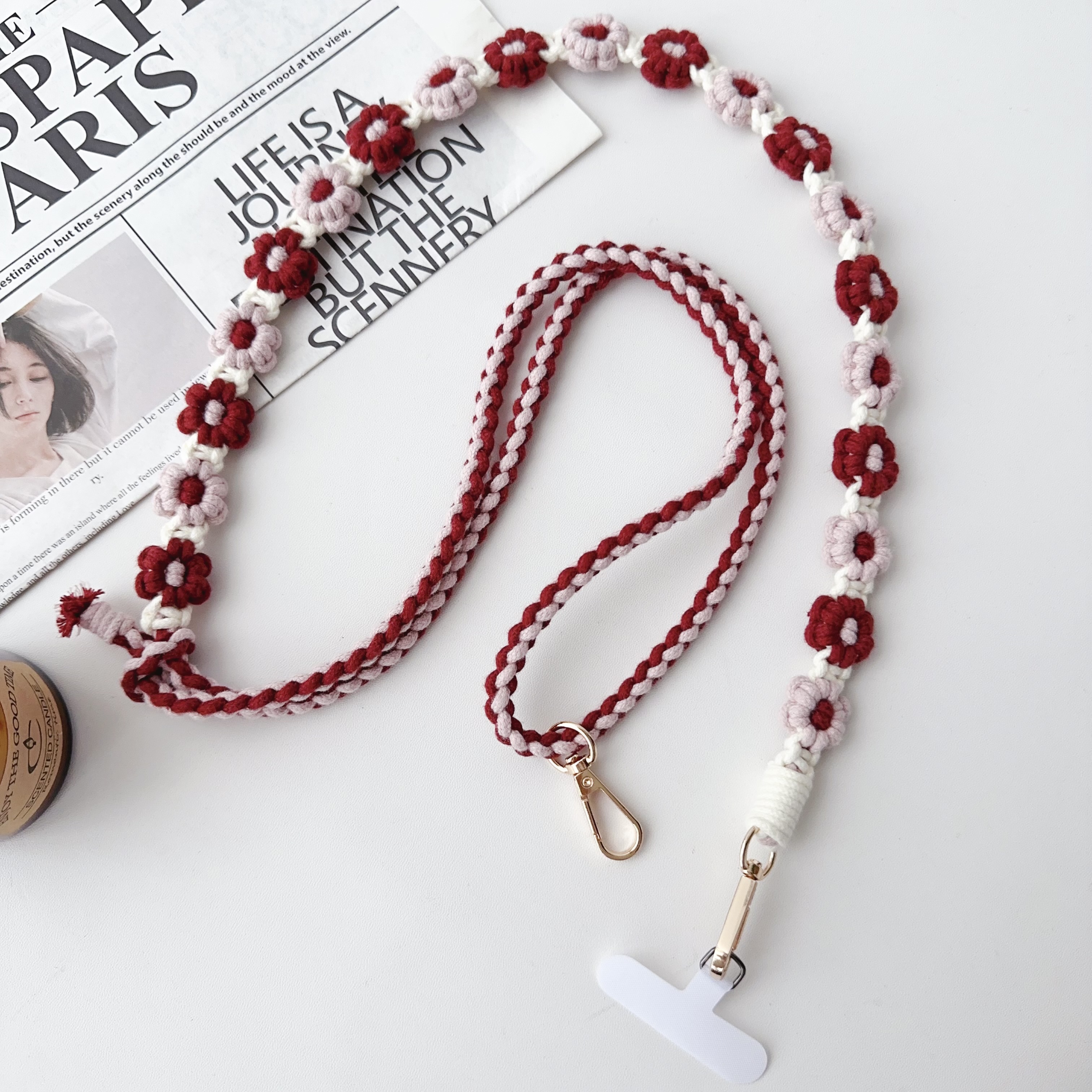 Handgemaakt Madeliefje Verstelbare Lengte Geweven Riem Universele Telefoonband Handgeweven Daisy Bloem Mobiele Telefoon Tas Cross-Body Lanyard: Black