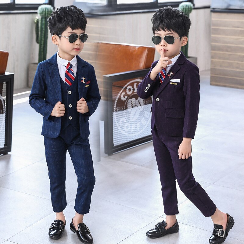 Dollplus Formal Kids Boys Suits Baby Boy Clothes Suit for Wedding Tuxedo Teenage Party Clothing 3 Pcs/set Plaid Children Set