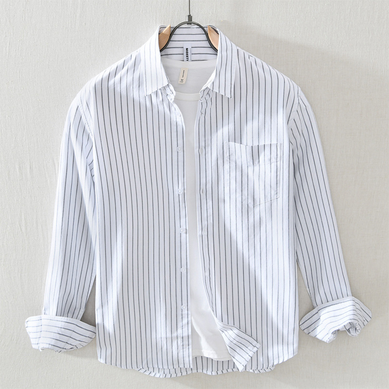 GM803 Men's Vertical Striped Shirts Long Sleeve Premium Cotton Youth Slim Fit Pocket Lapel Workwear Business Casual Tops Male: GM803 White / M