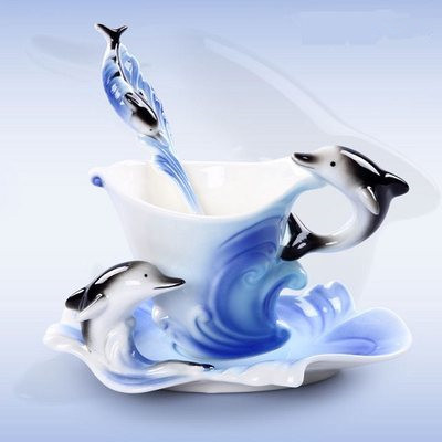 Dolfijn Cup Met Schotel Lepel Set 3D Creatieve Keramiek Koffie Thee Mokken Ontbijt Water Kerst Brithaday: Blue