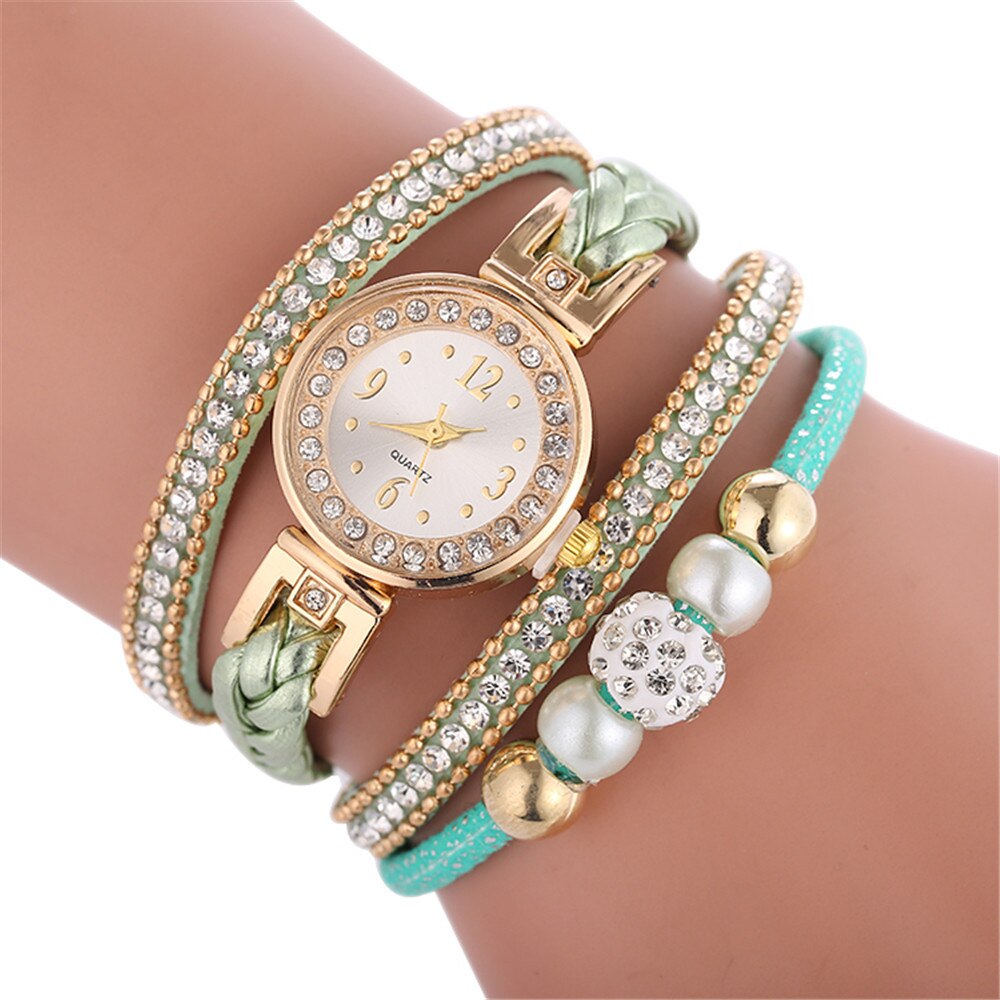 Vrouwen Lederen Dames Quartz Horloge Horloges Mooie Metalen Hanger Dames Ronde Armband Horloge Klok Mode: D