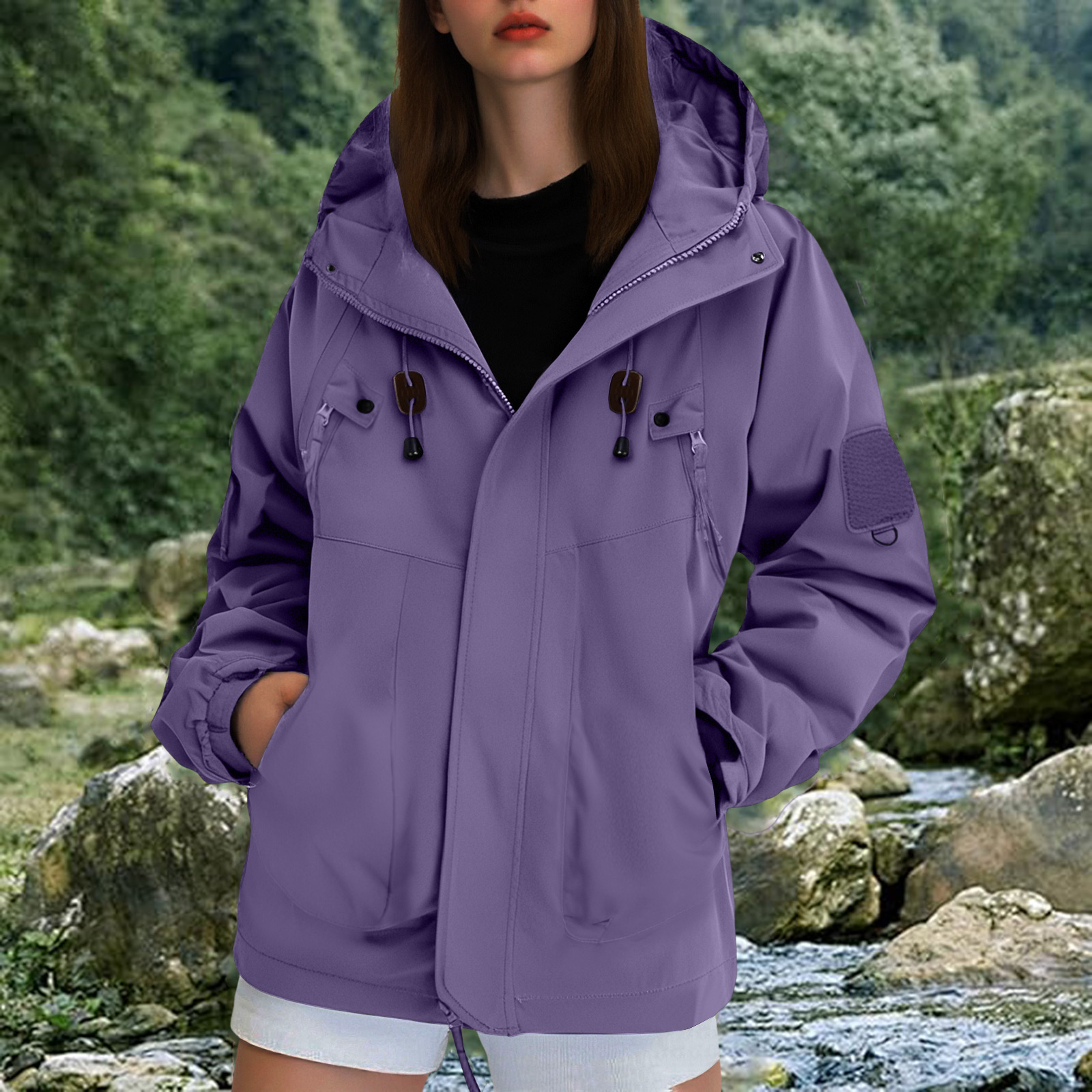 Autumn Hooded Jacket Women Outdoor Windbreaker Casual Waterproof Hiking Jacket Rain Coat Female Tops Outerwear: XL / PURPLE