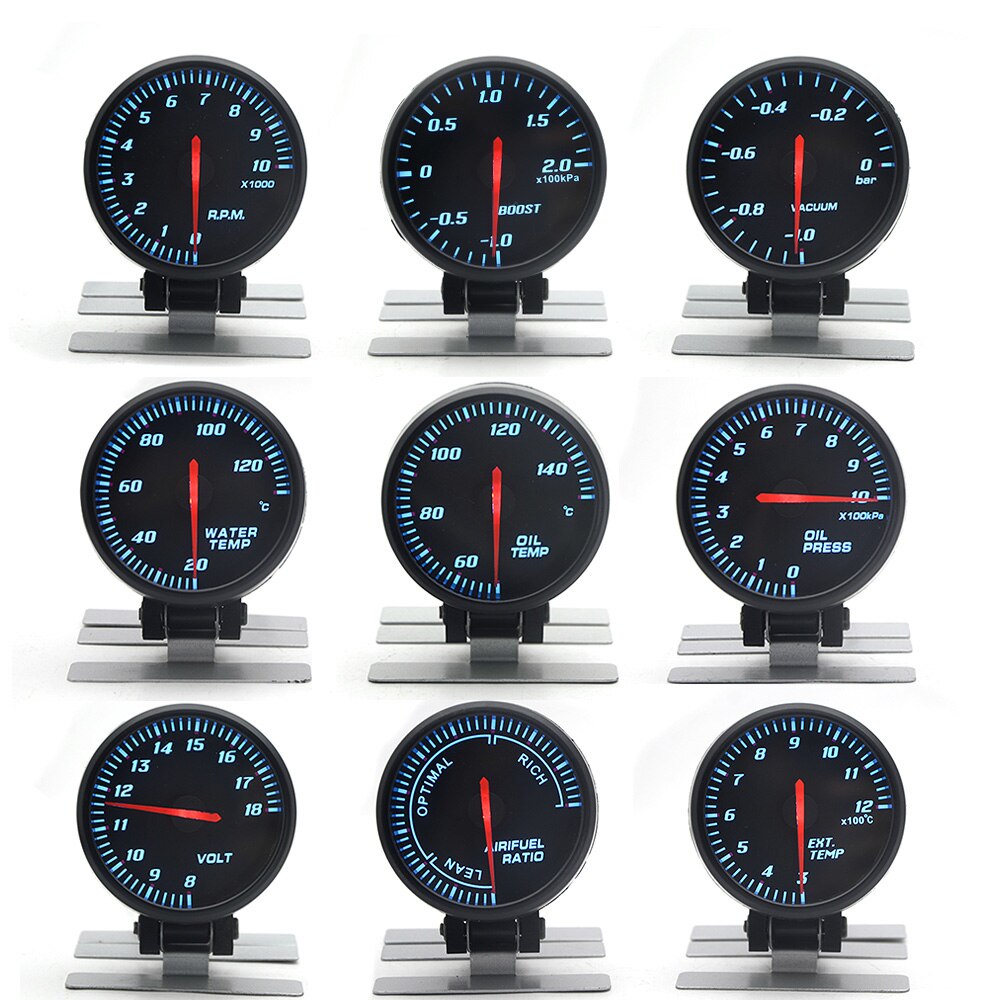 Tacómetro de cara negra para coche, voltímetro de aumento de 60MM, relación de combustible y aire, medidor EGT, presión de agua al vacío, temperatura de aceite, medidor de coche de 12V