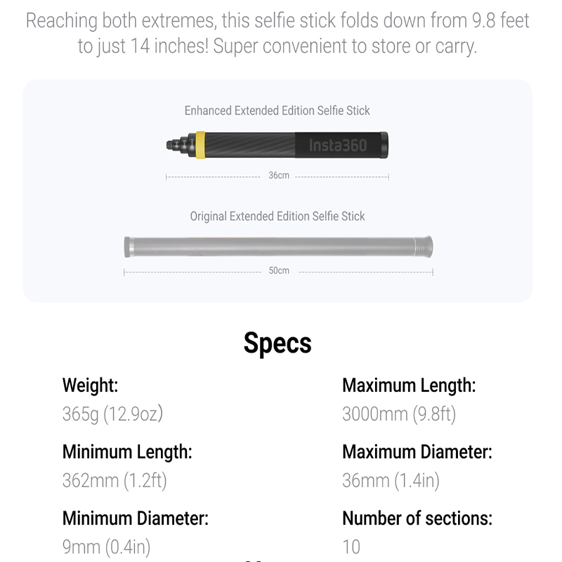 X5 Insta360 3m 9.8ft Extended Edition Selfie Stick for X4, X3, ONE RS, ONE X2, ONE R, ONE X, ONE Action Camera