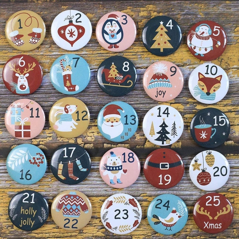24Pcs Merry Christmas Button Pins Advent Calendars Numbers Label Plastic Badges Brooch for DIY Xmas Bag Decoration