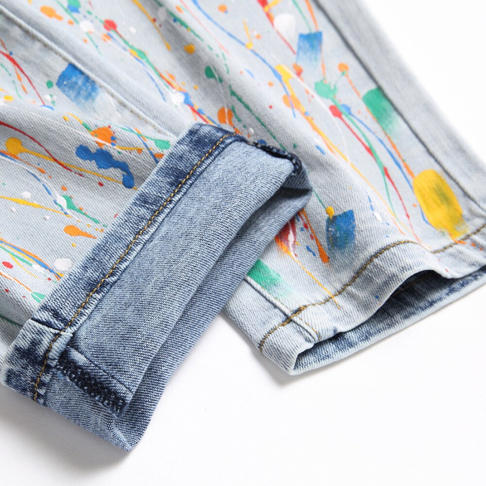 Jean Streetwear imprimé pour hommes Y2K, pantalon en Denim extensible peint à la Rose, trous tendance, pantalon droit Slim déchiré