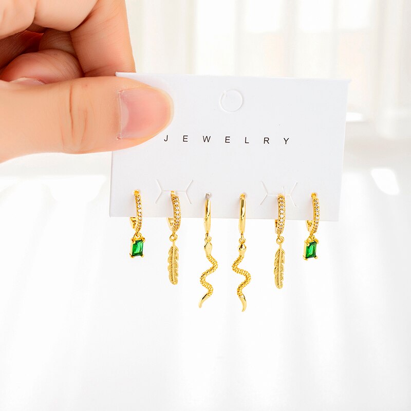 Sipengjel 6 Pcs Set Green Zirkoon Snake Hanger Oorbellen Prachtige Blad Kleine Hoepel Oorbellen Voor Vrouwen Sieraden