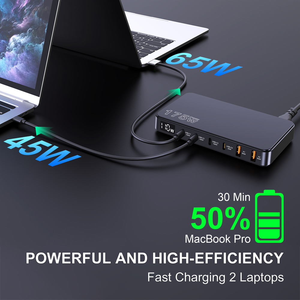 Ueetop 175w gan usb c laddare led-skärm 6- portars bordsladdare typ c  pd 100w pps 45w snabbladdning för macbook samsung iphone