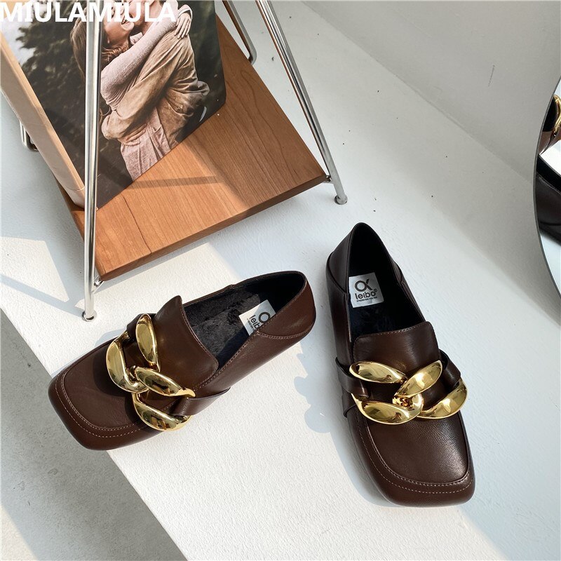 Neue Winter Socofy Plüsch Goldene Kette Leder Wohnungen Schuhe Zehe Slip Auf Frauen Müßiggänger Mokassins