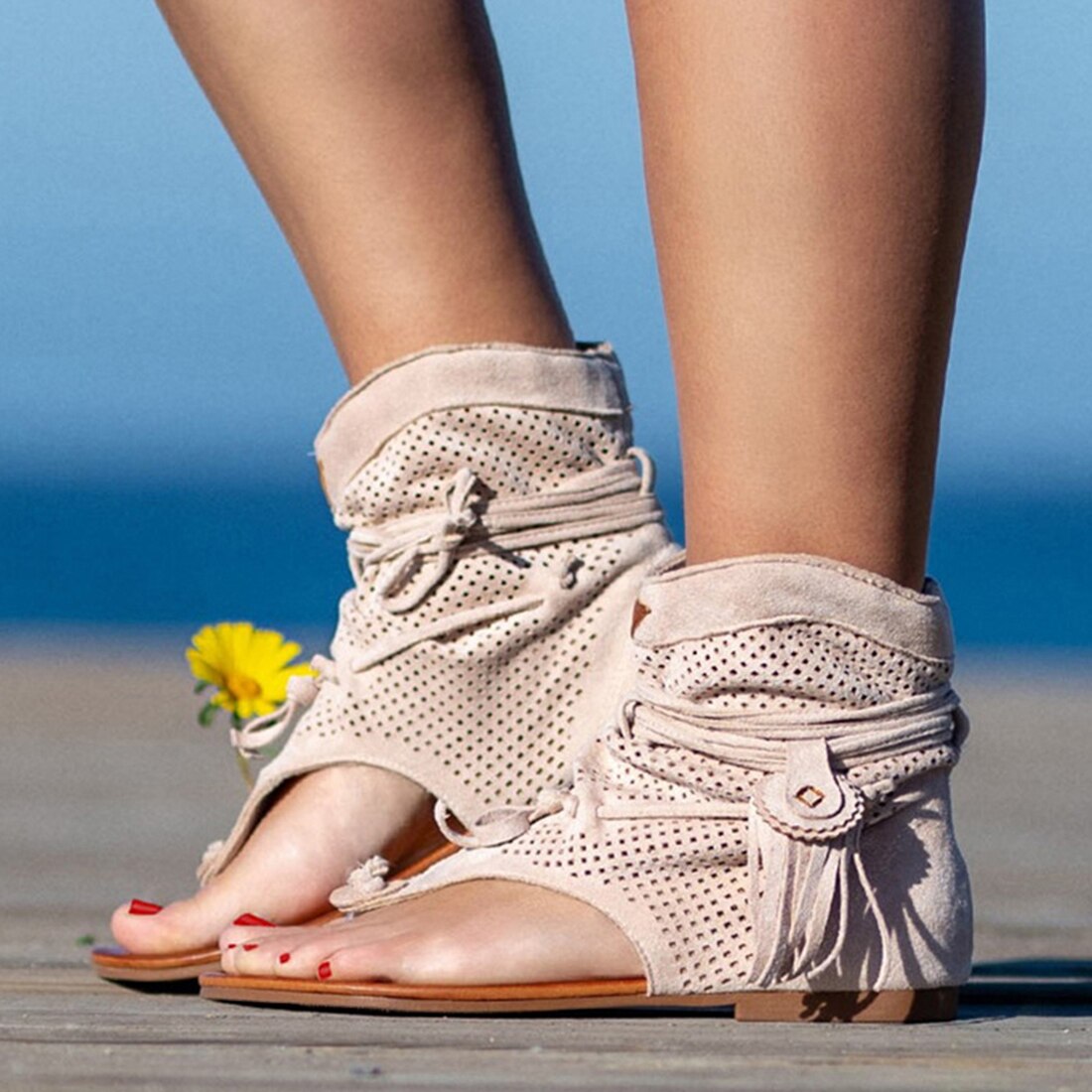 Sandalias Retro con flecos y flores para mujer, zapatos informales de playa, chanclas de verano,: Gray B / 42