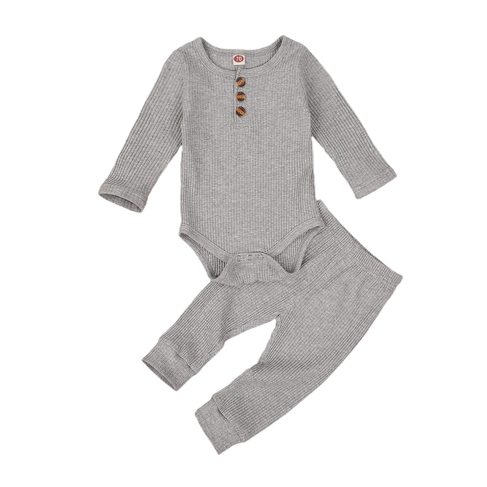 Baby jongens meisjes kleding slaapkleding herfst 2 stuks outfit 0-24m ronde hals knoop lange mouwen romper jumpsuit broek effen set: En / 24m