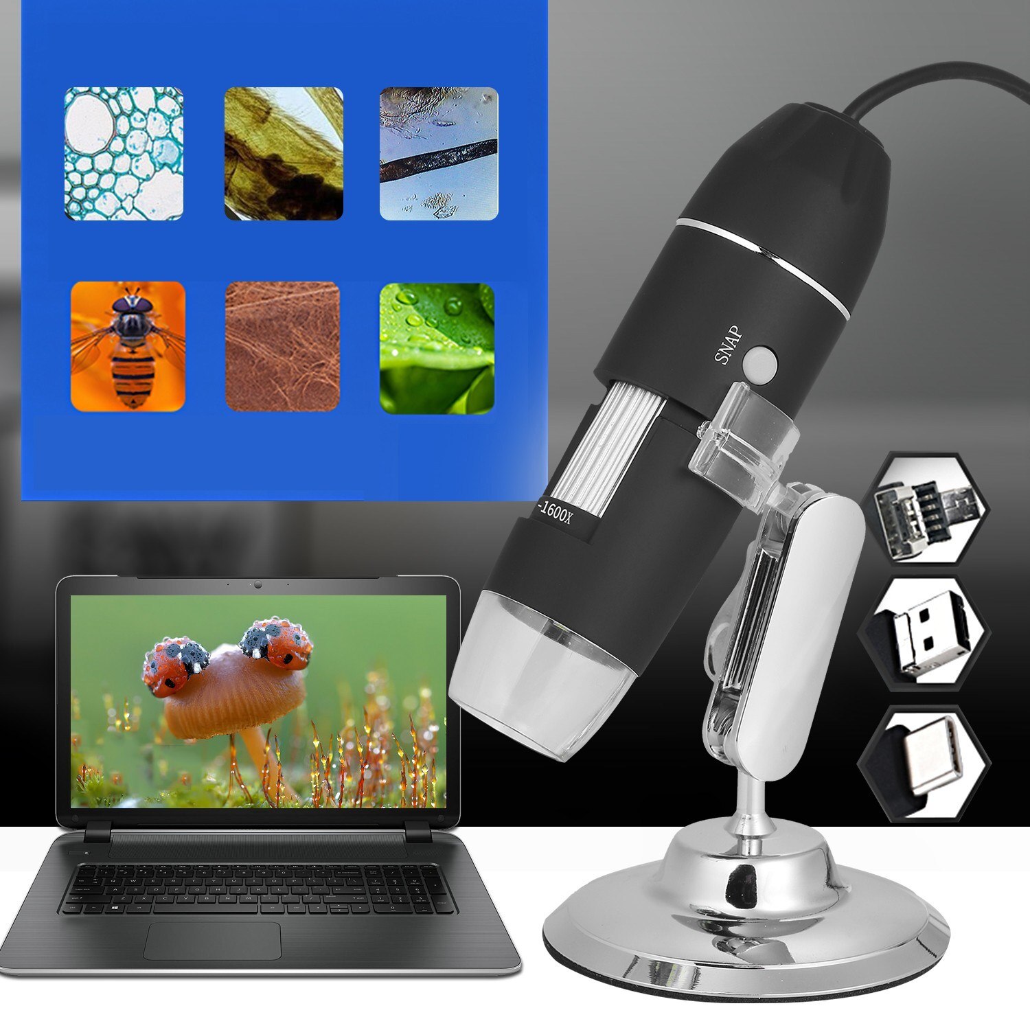 Usb Digitale Zoom Microscoop Vergrootglas Met Otg Functie 8-Led Light Vergrootglas 1600X Vergroting Met Stand