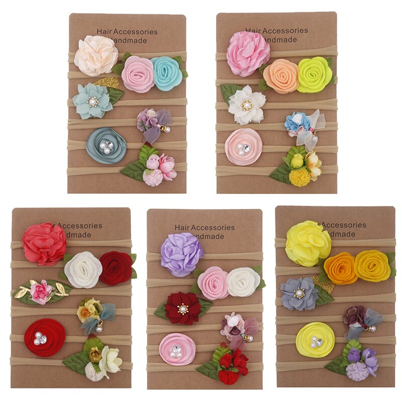 6 stk/sett blomst baby pannebånd nylon elastisk nyfødt barn pannebånd hårbånd for jenter turban perler baby hår tilbehør