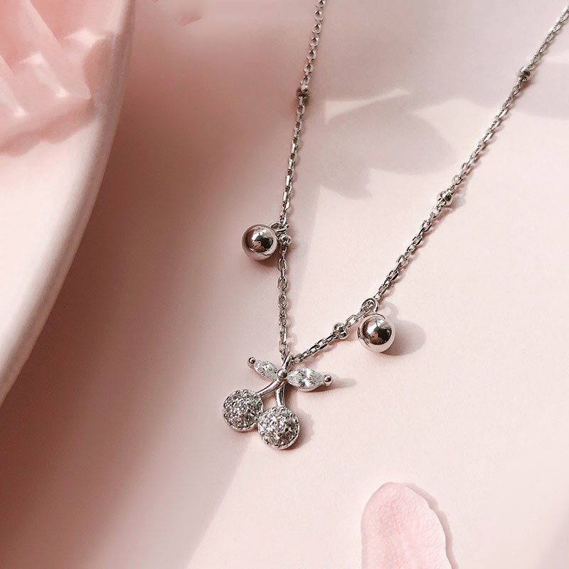 ANENJERY Glittering Zircon Cherry Tassel Bead Pendant Necklace for Women Fruit Clavicle Chain Dainty Necklace S-N688