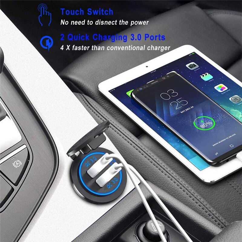 TKEY QC 3.0 przełącznik dotykowy samochód podwójna ładowarka USB gniazdo wodoodporny uniwersalny telefon komórkowy ciężarówka ładowania tablet opłata dla iphone