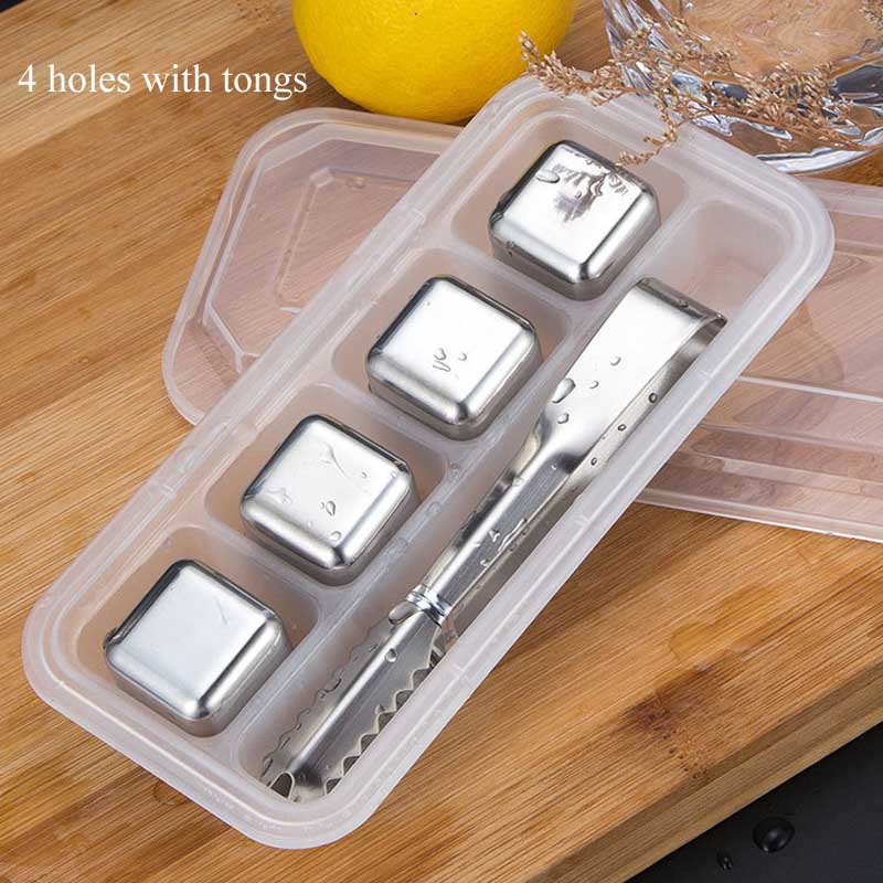 Ice Cube Maker Square Shape Mould Ice Tray DIY Tool Whiskey Wine Cocktail Ice Cube 304 Stainless Steel Mold Bar Tool 4/6/8 Hole: 4 holes with tongs