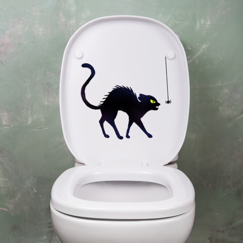YOJA 23.4X20.8CM Cartoon Pattern Home Decor Halloween Black Cat Spider Wall Decal Toilet Seat Sticker T5-1192