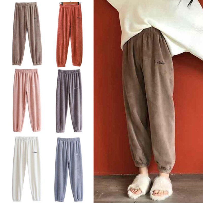 Women Autumn Winter Warm Plush Fleece Long Sleep Pants Homewear Pajamas Soft Flannel Thick Sleepwear Trousers