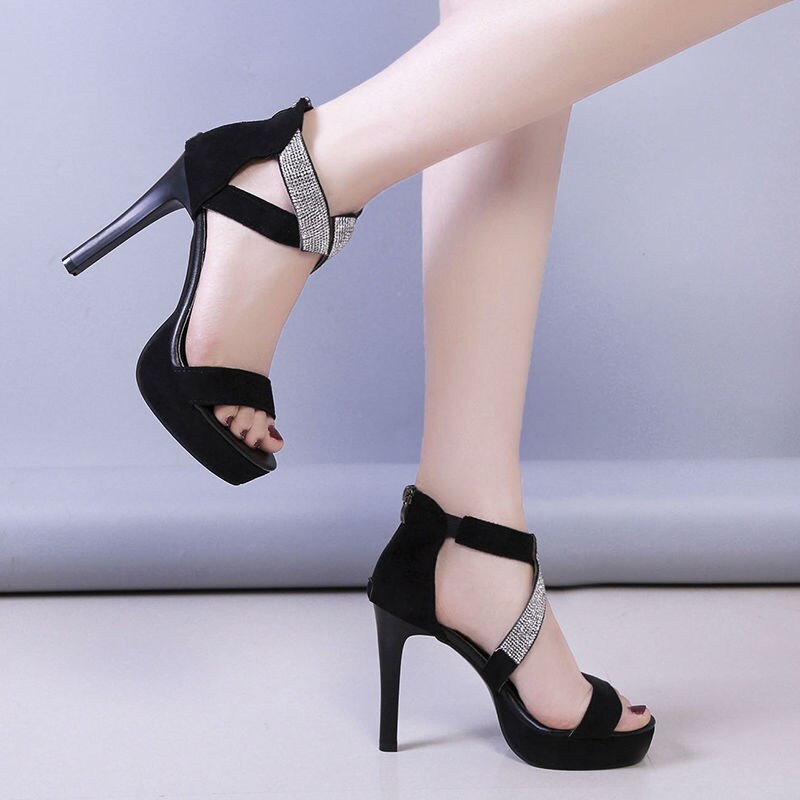 verano plataforma impermeable Sandalias de tacón alto de las mujeres nueva cinturón taladro de agua delgada tacones mujeres zapatos romanos Zapatos negro 34-40