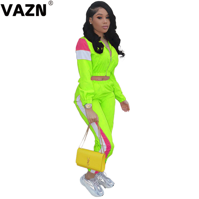 VAZN LM8038 Plus Size Age Reduction Casual Convenient Full Sleeve Cloth Long Pants Regular Tracksuits Slim Women 2 Piece Set: fluorescence green / M