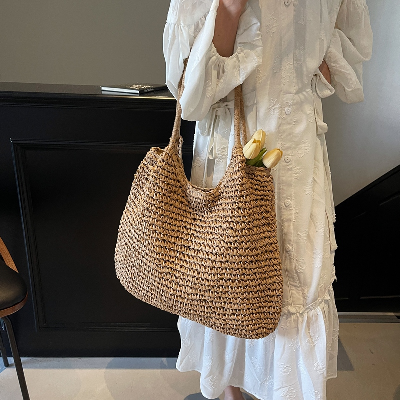 Bolsos de hombro de tela lisa de gran capacidad, bolsos de playa calados para mujer, bolsos de mujer a la venta 2025, bolsos de mujer sólidos con cremallera a la