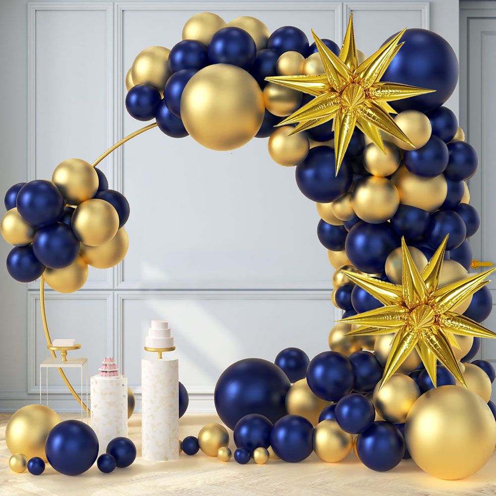 104 Uds. Kit de guirnaldas de arco de globos azul marino y dorado con globos de estrella de explosión para decoraciones de de cumpleaños de Año de boda