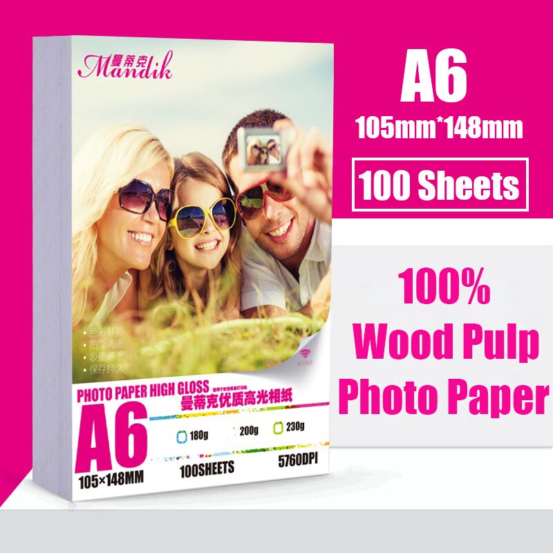 100 Vellen Inkjet Hoge Glanzend Oppervlak A6 Size Glossy Papier Printer Fotopapier 200gsm 230gsm