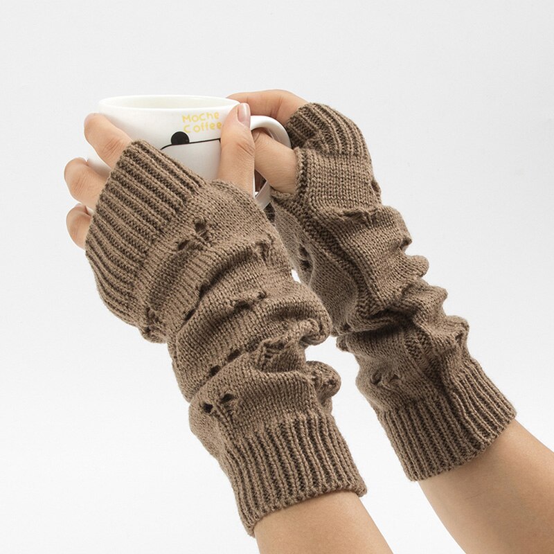 1 par kvinder vinter udhulede hæklede fingerløse handsker ribbet strik trim armopvarmere ensfarvet elastisk vante med tommelfingerhul