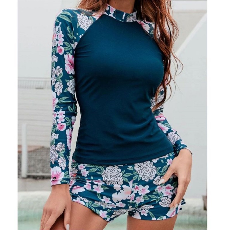 Ruash Gard Swimsuit 2022 Long Sleeve Swimwear Women 2 Piece Swimsuit Sport Florial Print Back Zipper Bathing Suit Beach Wear: Green / XL