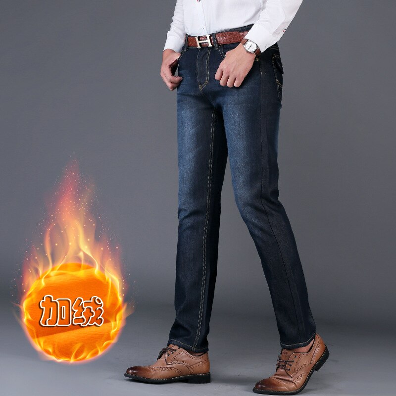 Mærke herre vinterstræk tykkere jeans varm fleece denim biker jean bukser størrelse 28-38