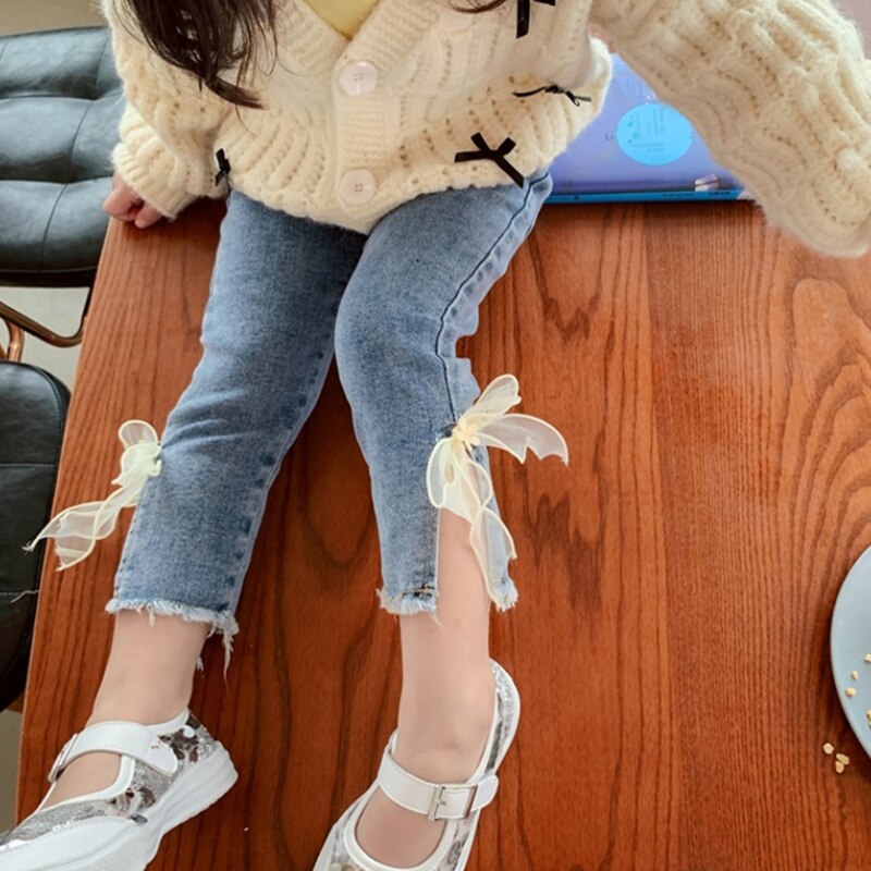 Jeans Voor Meisjes Elegante Boog Leuke Denim Broek Zoete Strik Stretch Mooie Lente Kind Broek Peuter Kind Baby Steetwear