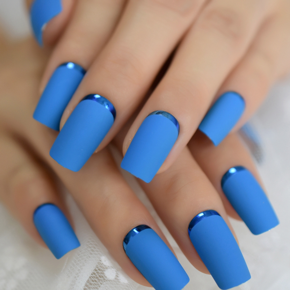 Medium Square Nail Art Tips Matte Plastic Artificial Fingernails Blue Simple Unique False Nails For Nail Art: L5225