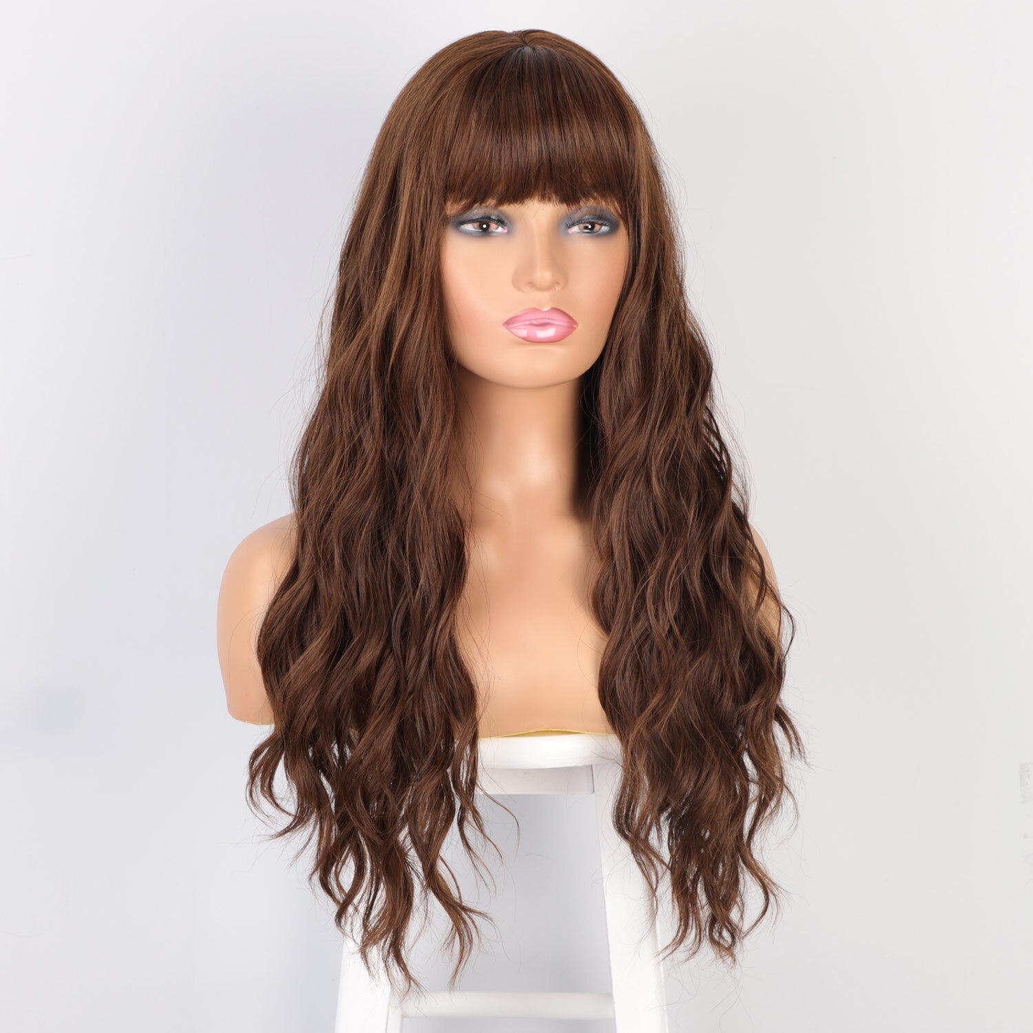 AISI Beauty Long Water Wave Synthetic Wigs with Bangs Mix Brown Wig for Women Pink Red Black Heat Resistant Hair