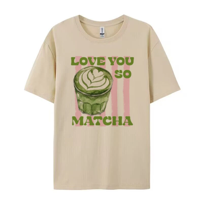 Love You So Matcha T-Shirt Cute Funny Matcha Lover T Shirt Retro Aesthetic Matcha Latte Graphic Tees Women Short Sleeve Top: XL / Khaki