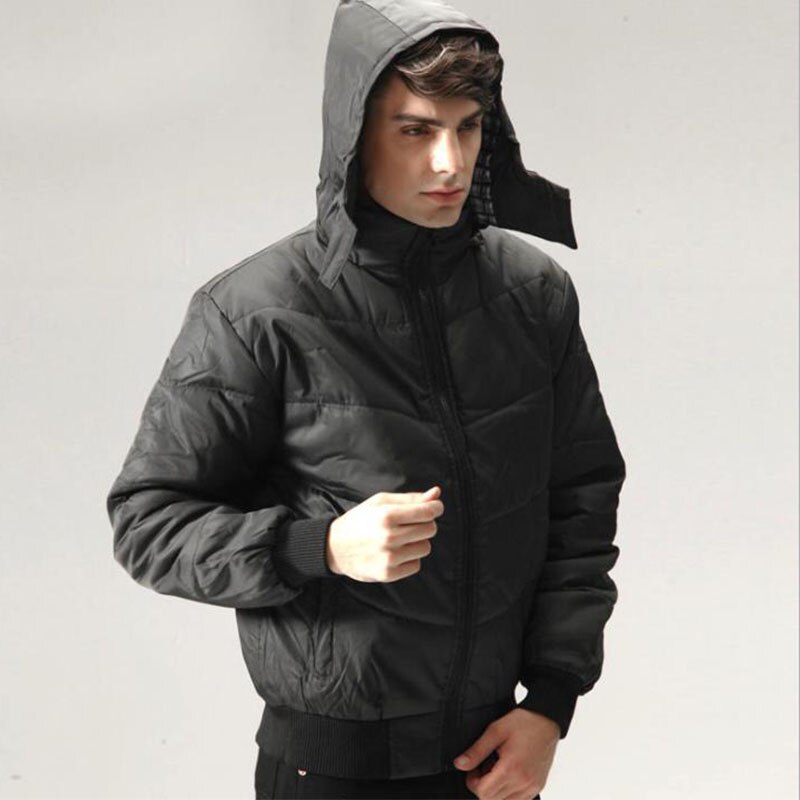 Men Black Hooded Keep Warm Padded Down Jacket Winter Outdoor Thremal Overcoat Outwear Windbreaker Hiking Camping Skiing Coat