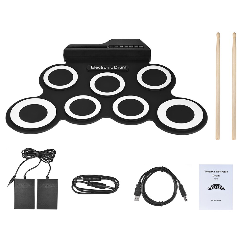 Portable Digital USB 7/9 Pads Roll Up Drum Electronic Drum Set Silicone Electric Drum Pad Kit With DrumSticks Foot Pedal: Black 7 drum Pads