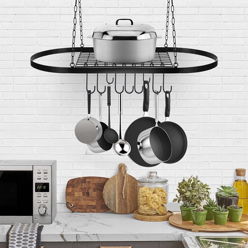 Big Hanging Pot Pan Rack for Ceiling, Ceiling Mounted Cookware Hanger Organizer with 10 Hooks for Home Kitchen Household