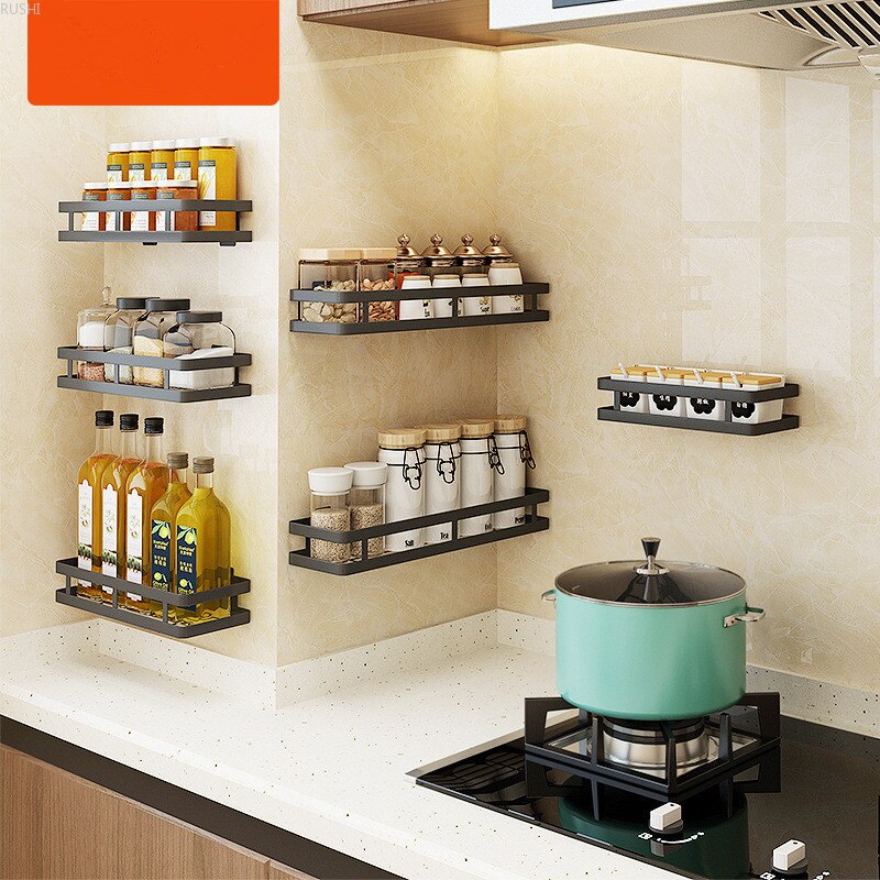 Black Stainless Steel Kitchen Condiment Rack Wall Hanging Punch-free Bathroom Shelf Household Multi-function Storage Rack