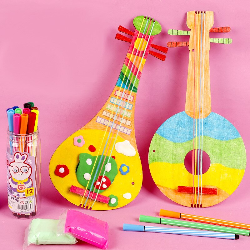 Wooden DIY Pipa Lute Chinese Traditional Style Children Handmade Colorful Painted Material Package String Musical Instrument Toy